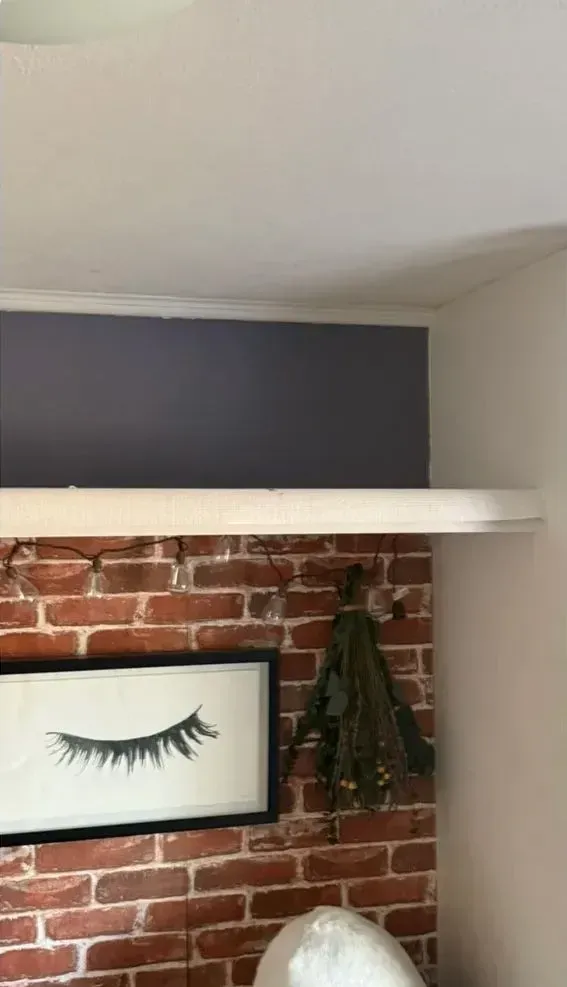 Brick fireplace with white mantel, framed eyelash art, and hanging greenery beneath a dark wall shelf