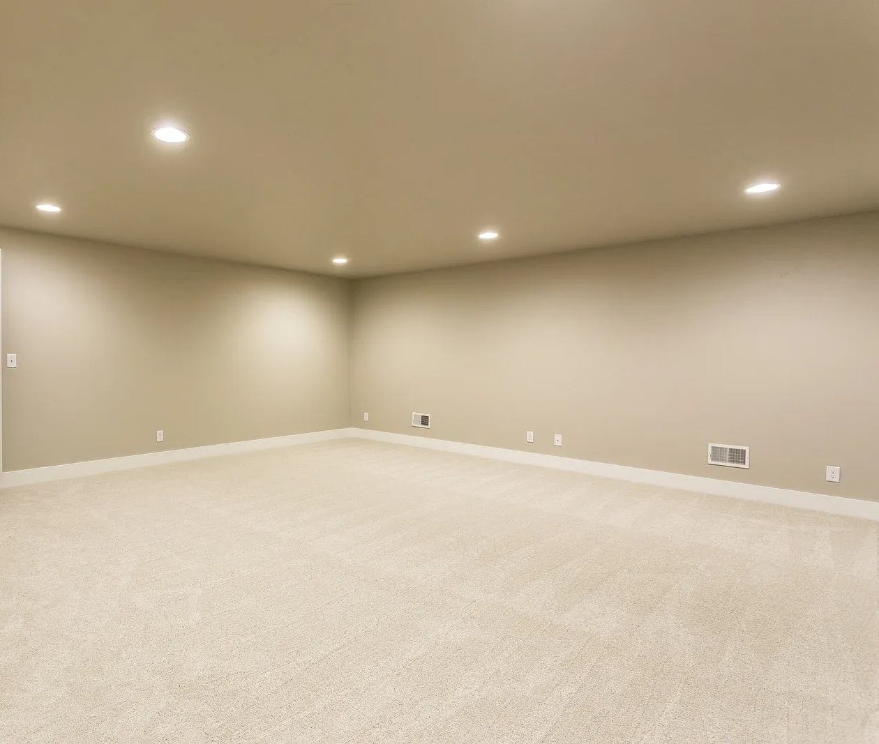 Empty beige carpeted room with recessed ceiling lights and white baseboards