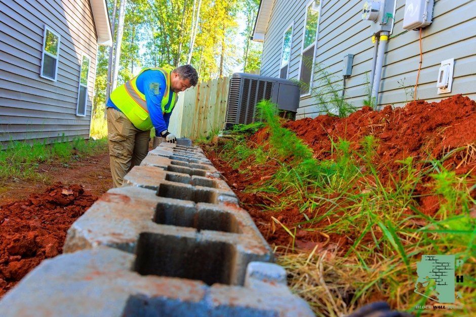 A block wall repair company worker in high-visibility green vest crouches working on gray concrete block retaining wall. The masonry wall runs alongside residential property with gray siding, red mulch landscaping, and green plants on E Weather Vane Rd, and S Kenneth Ln, Gilbert, AZ.