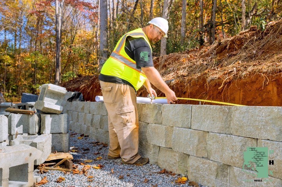 A contractor working for block wall repair company in a bright yellow safety vest and white hard hat carefully measures and adjusts concrete blocks on a residential retaining wall project. He is using a level tool to ensure proper alignment of the gray concrete masonry units. He is working near S Mulberry Ct, and E Club Village Dr in Gold Canyon, AZ.