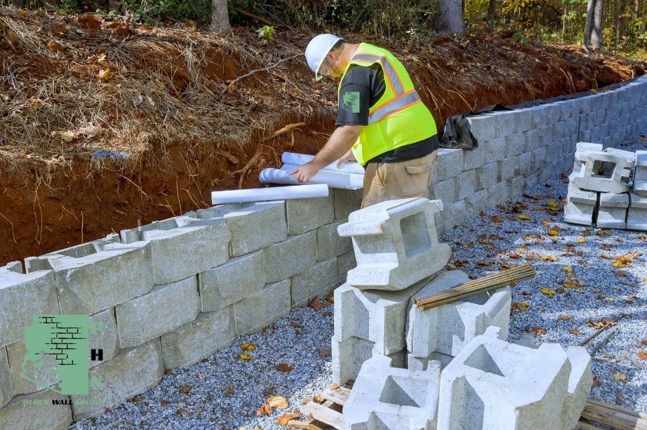 A block wall repair contractor in a yellow safety vest and white hard hat reads a blueprint while standing beside a partially constructed concrete block retaining wall. Stacks of white concrete blocks are positioned nearby on the residential construction site near E Fairway Dr, and E Lakeview Dr in Spring Valley, AZ.
