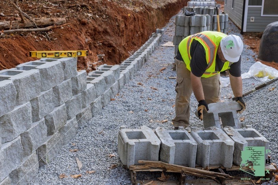 A block wall repair specialist in a bright yellow safety vest works on a residential project, placing concrete blocks along a partially constructed wall. Stacks of gray concrete blocks are arranged for the construction work near N Cameron Dr, and W Shedd Rd in Eloy, AZ.