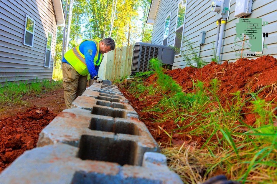 A block wall repair specialist, wearing a bright yellow safety vest, works diligently on a residential retaining wall. The skilled worker carefully places each block in the foundation trench, surrounded by red soil and green landscaping between two houses near W Grenadine Rd, and S 24th Ln in Liberty, AZ.