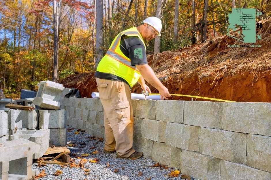 A block wall repair technician in a yellow safety vest and hard hat uses a tape measure to check the alignment of concrete blocks on a partially constructed retaining wall in a residential construction site near S Thoroughbred Ln, and E Wallaby Way in Mayer, AZ.