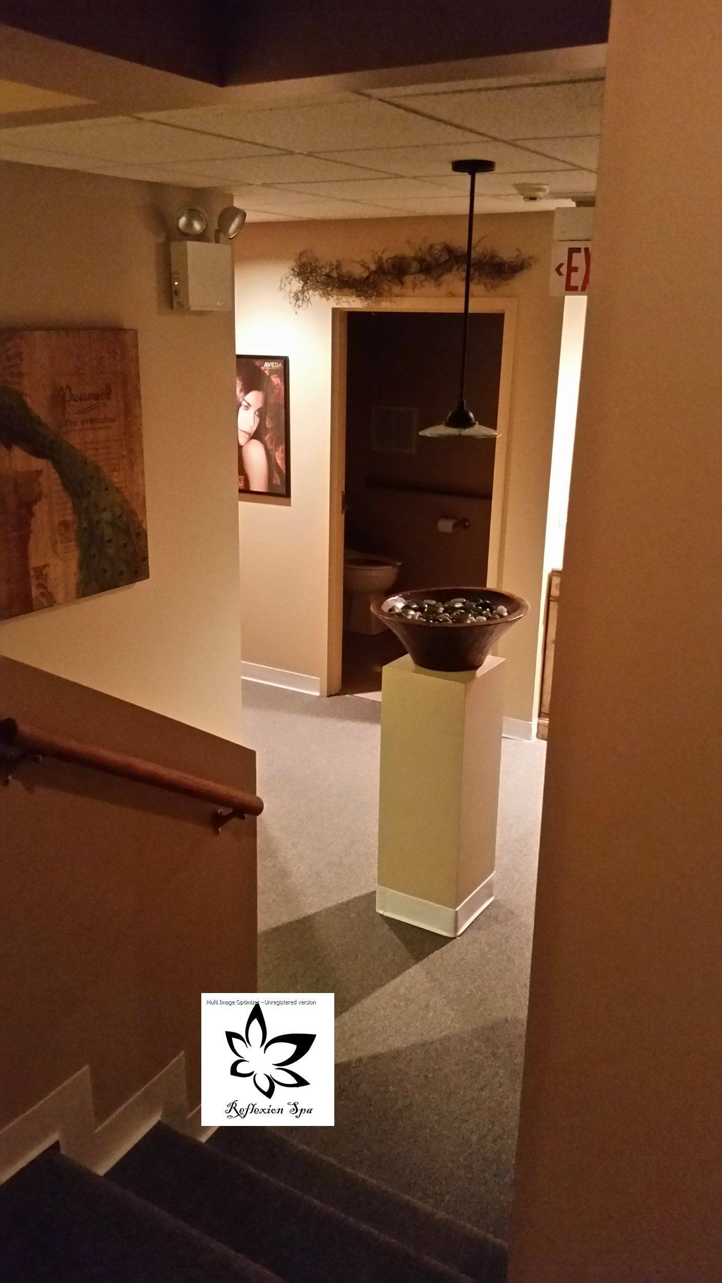 A staircase leading up to a room with a leaf on the wall