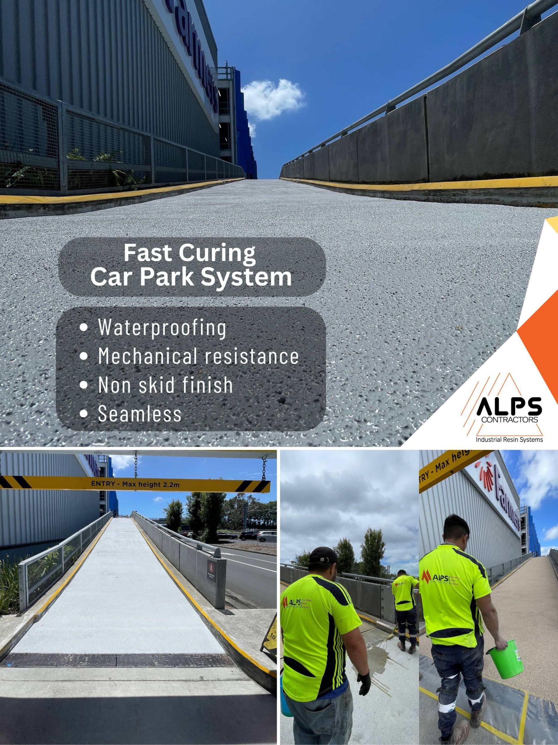 Car park ramp with grey surface, advertisement for fast curing system. Workers in high-vis vests.