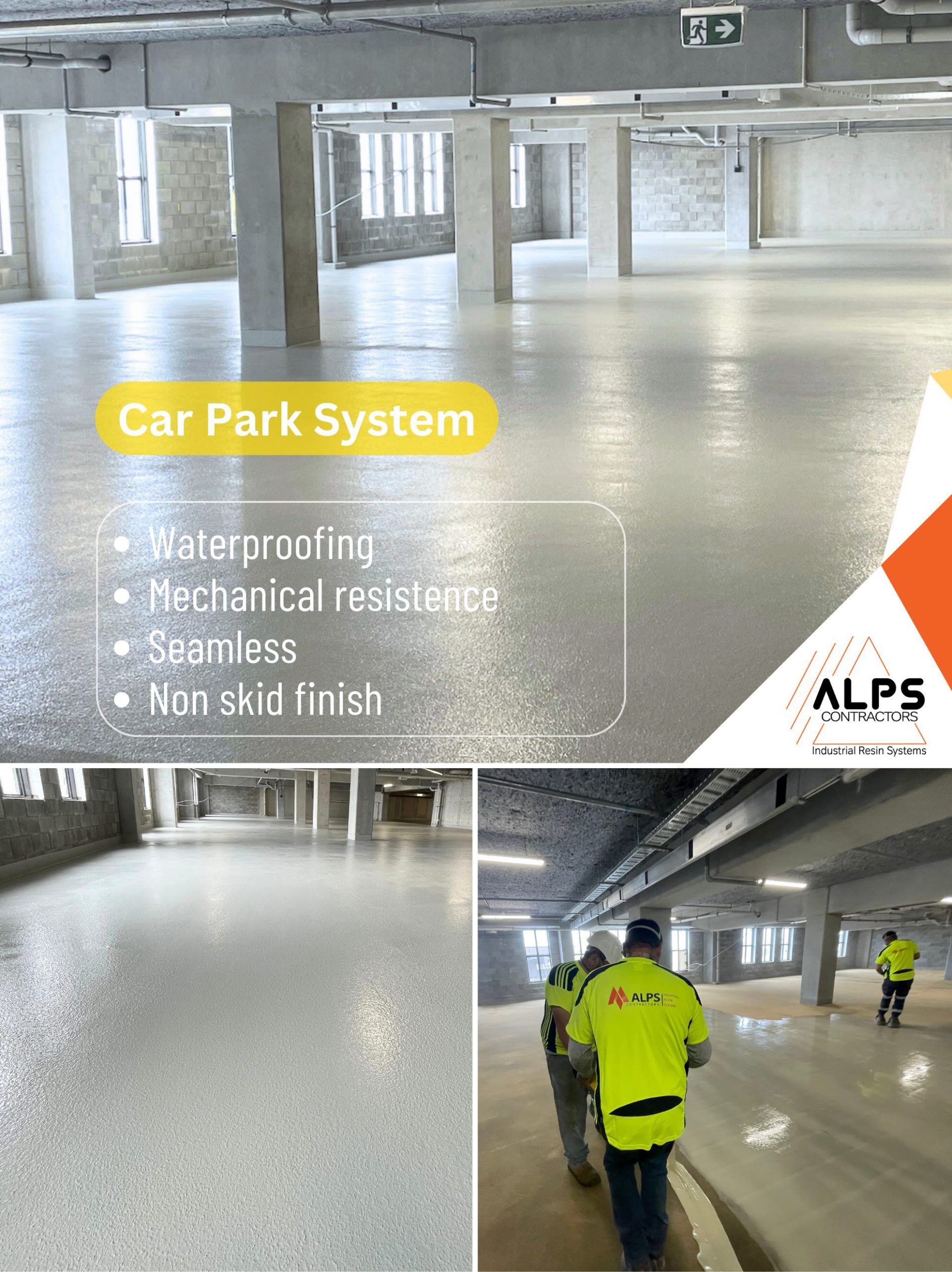 Car park with waterproof, seamless, non-skid flooring. People in neon vests work on the concrete.