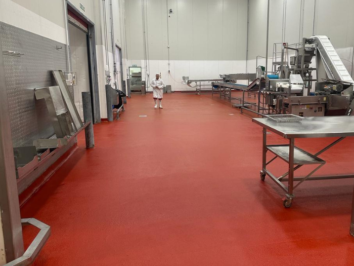 Red-floored food processing plant with stainless steel equipment. A person in a white coat stands in the middle.