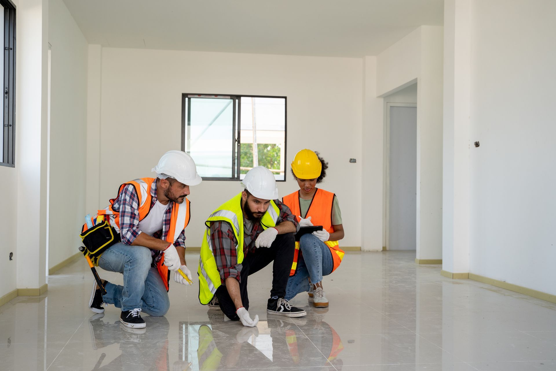 The inspector is checking the floor of a business. The inspector is checking the floor of a business.