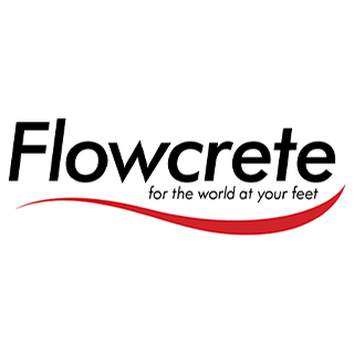Flowcrete logo with black text and a red curved underline, tagline