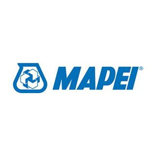 Logo for Mapei, a blue wordmark with a stylized gear inside a blue beaker.
