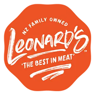 Leonard's logo: White script text on an orange octagonal shape. Reads "Leonard's" and "The Best in Meat." NZ family owned.