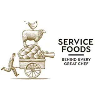Man pulling a cart carrying an artichoke, lamb, and chicken. "Service Foods" logo with tagline.
