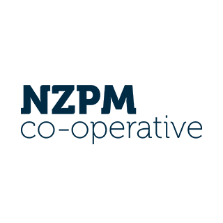 NZPM co-operative logo: Dark blue "NZPM" stacked above "co-operative" in a lighter blue.
