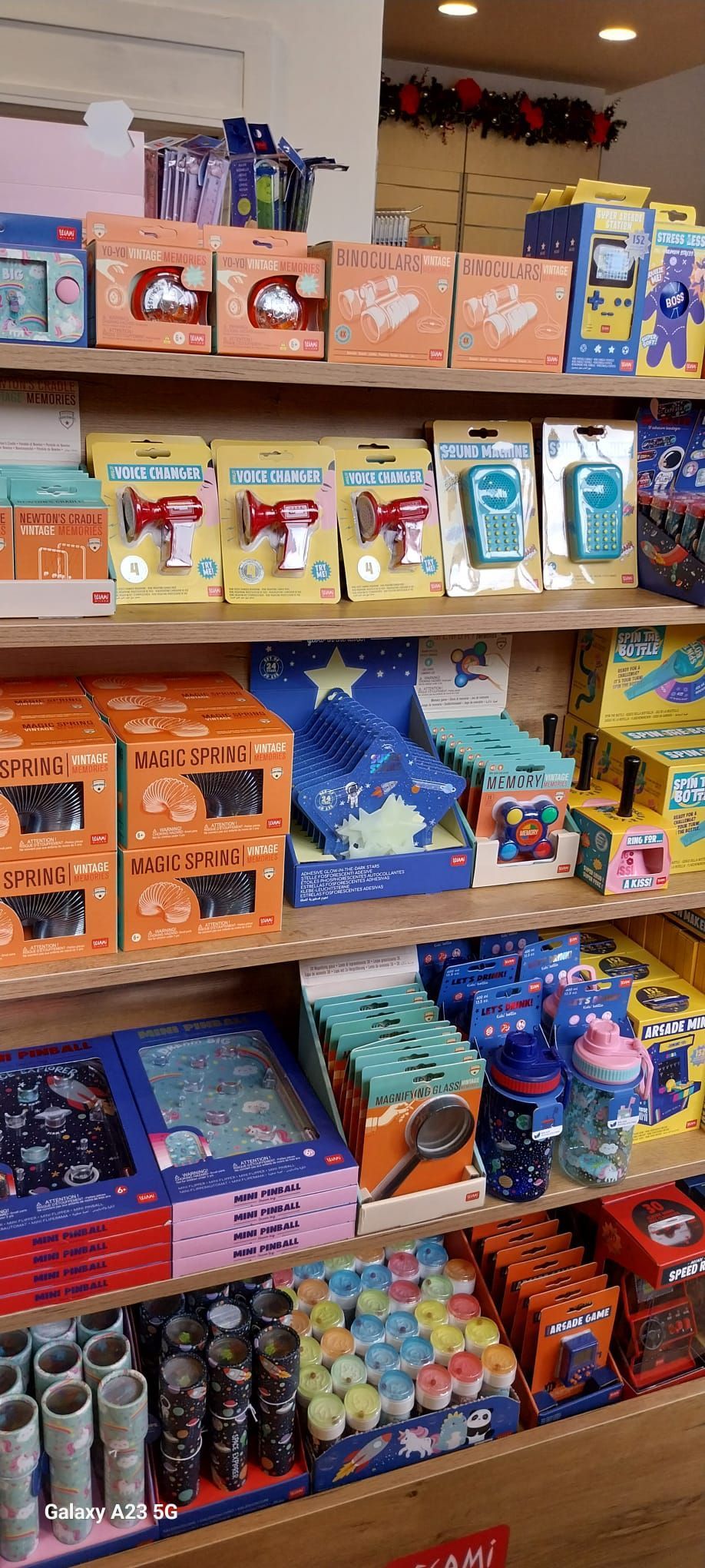 Ci sono molti tipi diversi di giocattoli sugli scaffali di questo negozio.