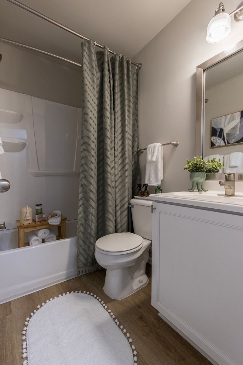 A bathroom with a toilet, sink, bathtub, and shower curtain.