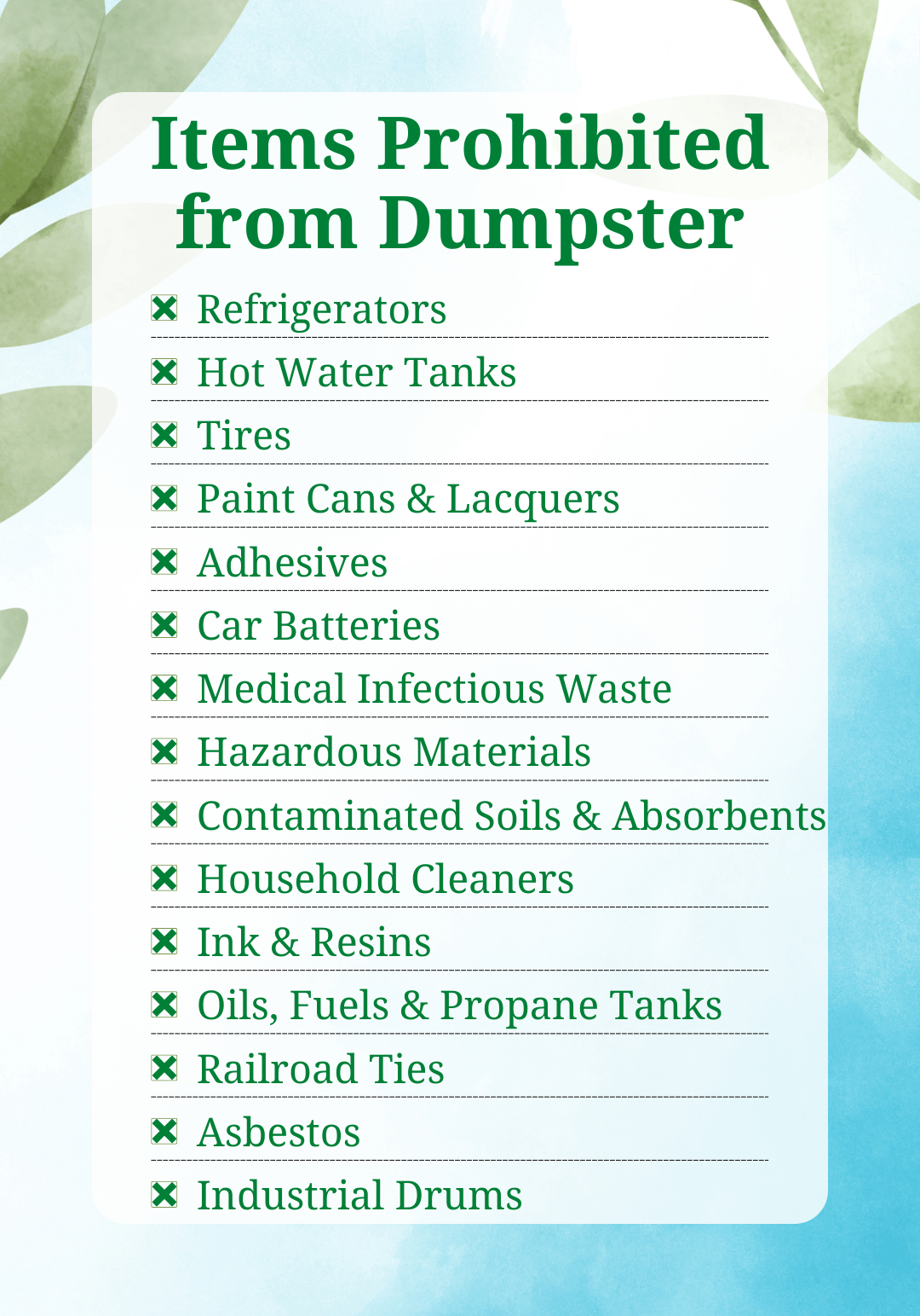 items prohibited from dumpsters infographic