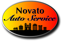 A logo for novato auto service with a city skyline in the background