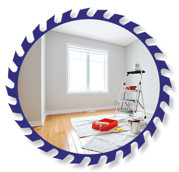 A man painting a wall with a blue circular saw blade