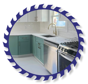 A kitchen with blue cabinets and a circular saw blade