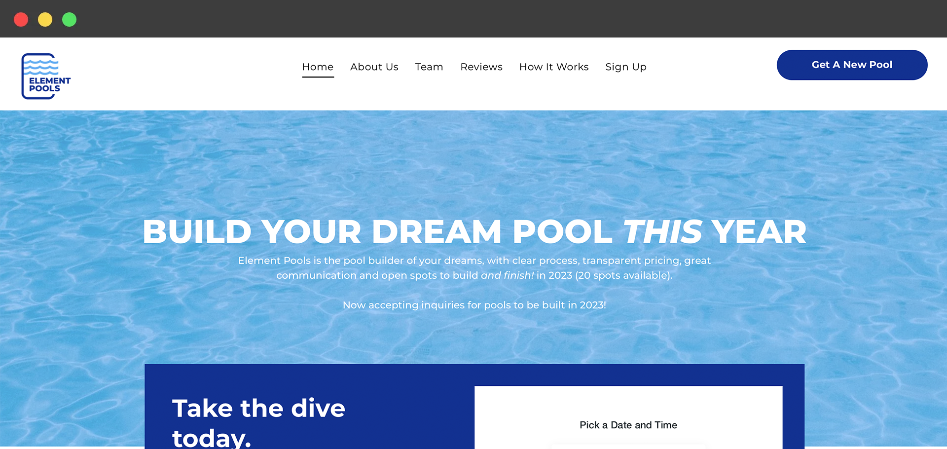 A screenshot of a website that says `` build your dream pool this year ''.