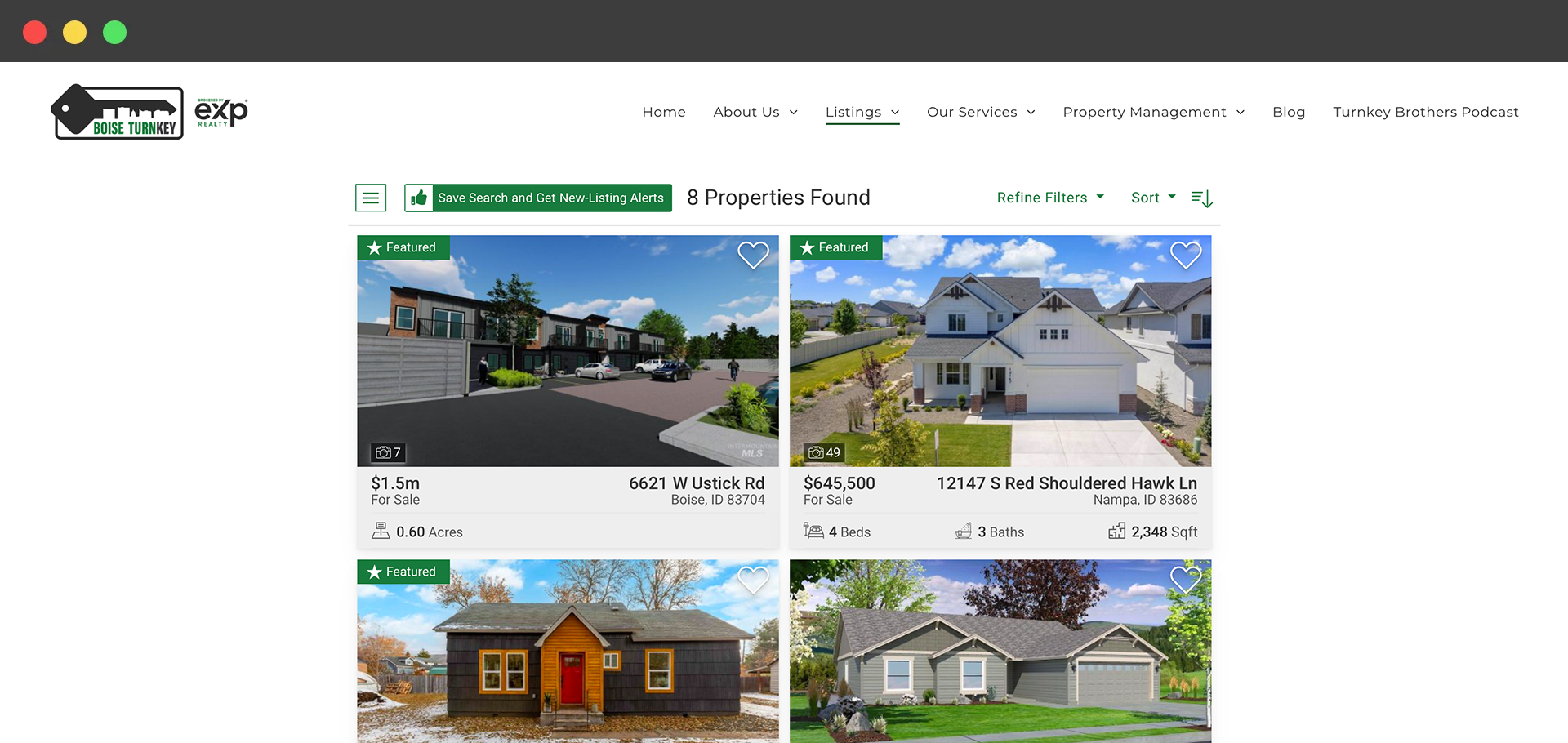 A screenshot of a website showing houses for sale.
