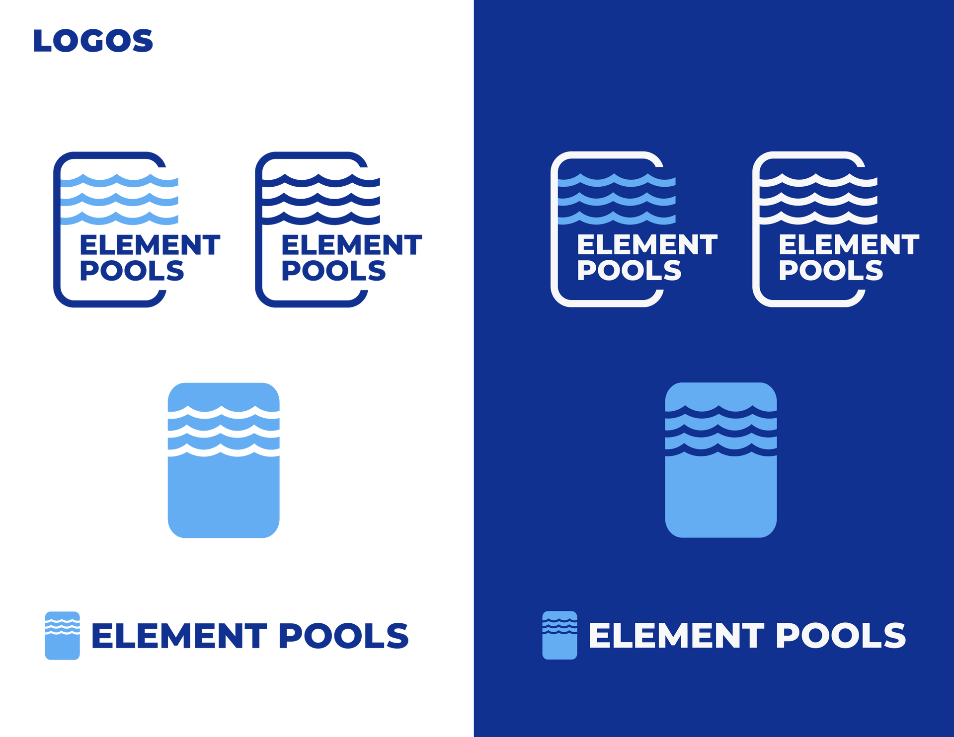 A blue and white logo for element pools