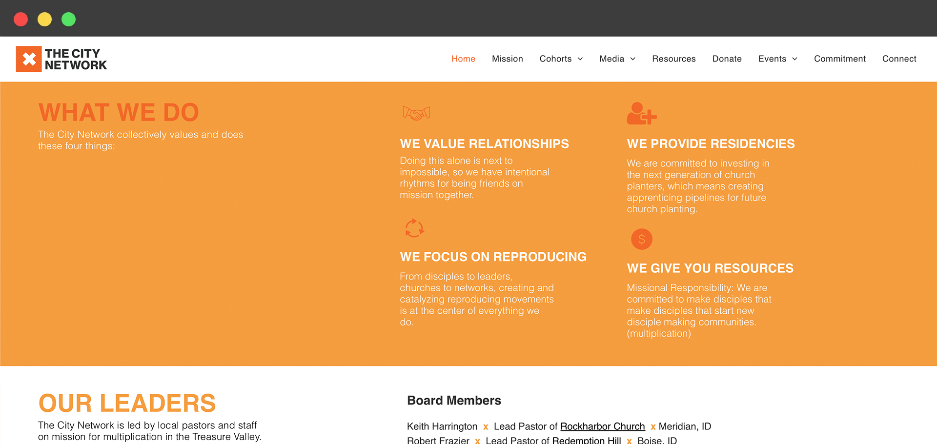 A screenshot of a website showing what we do and our leaders.
