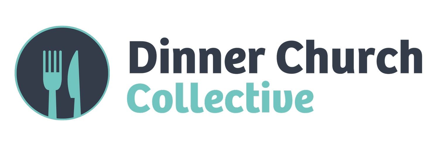 Logo of the Dinner Church Collective. A dark blue circle with a fork and knife in teal. Text reads: Dinner Church Collective.