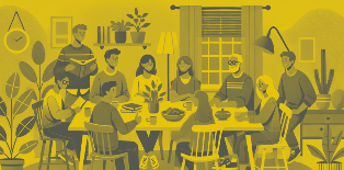 A group of people gathered around a table indoors. Eating, reading, and conversing, yellow-toned.