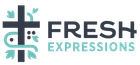Logo with a cross and plant design. Text reads 