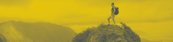 Person standing on a mountain top with a backpack. Yellow-tinted landscape.
