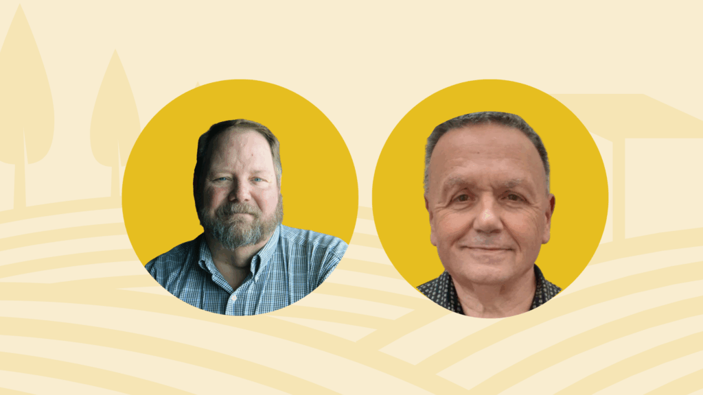 Two men in gold circles; one with a beard and blue shirt, the other with short hair.