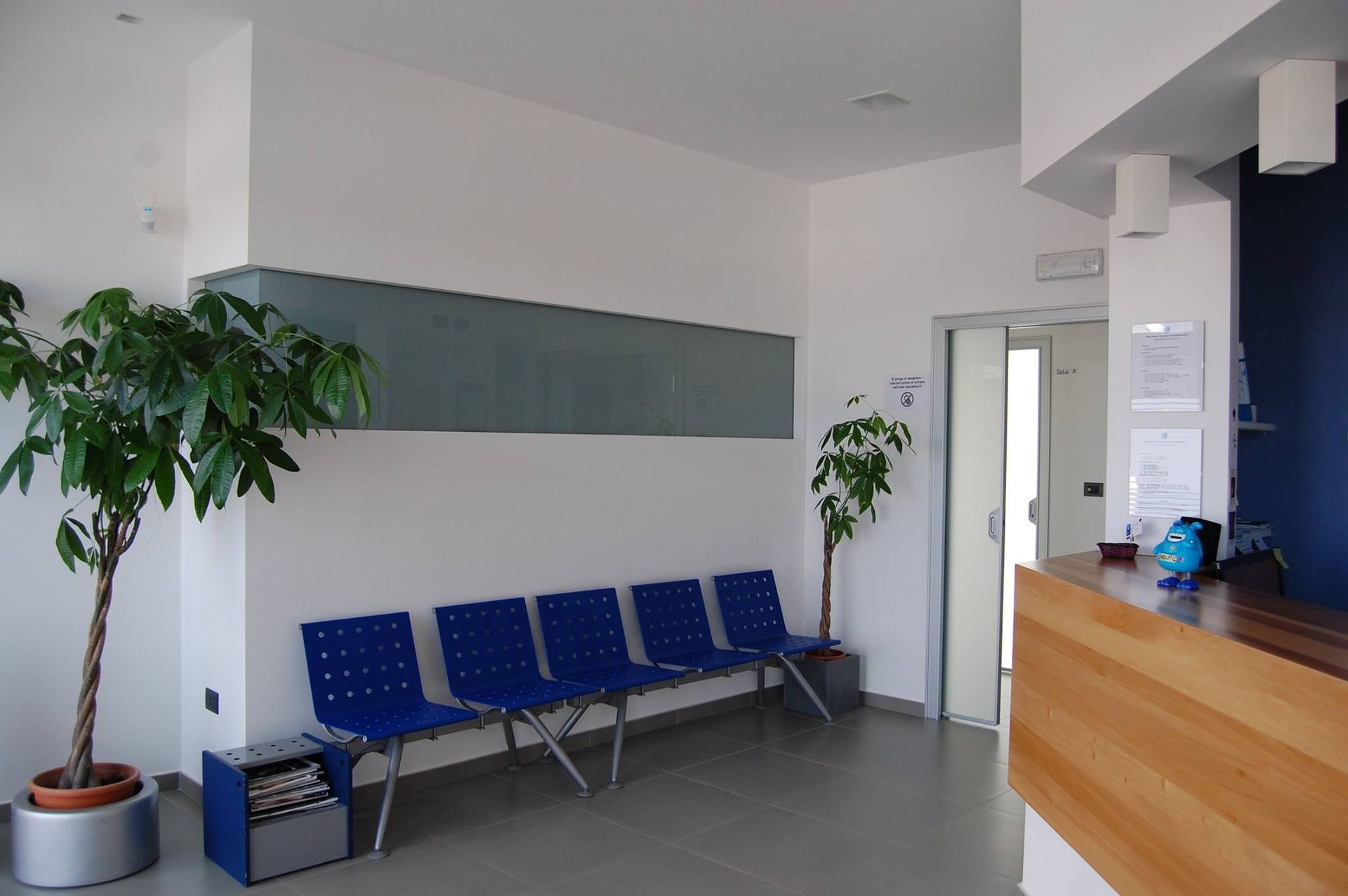 Una sala d'attesa con sedie blu e una pianta