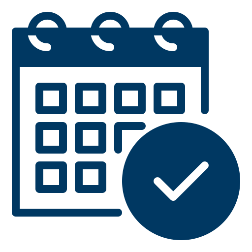 Un calendario blu con un segno di spunta in un cerchio.