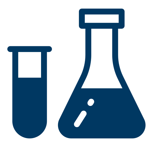 Un'icona blu di un bicchiere e una provetta su uno sfondo bianco.