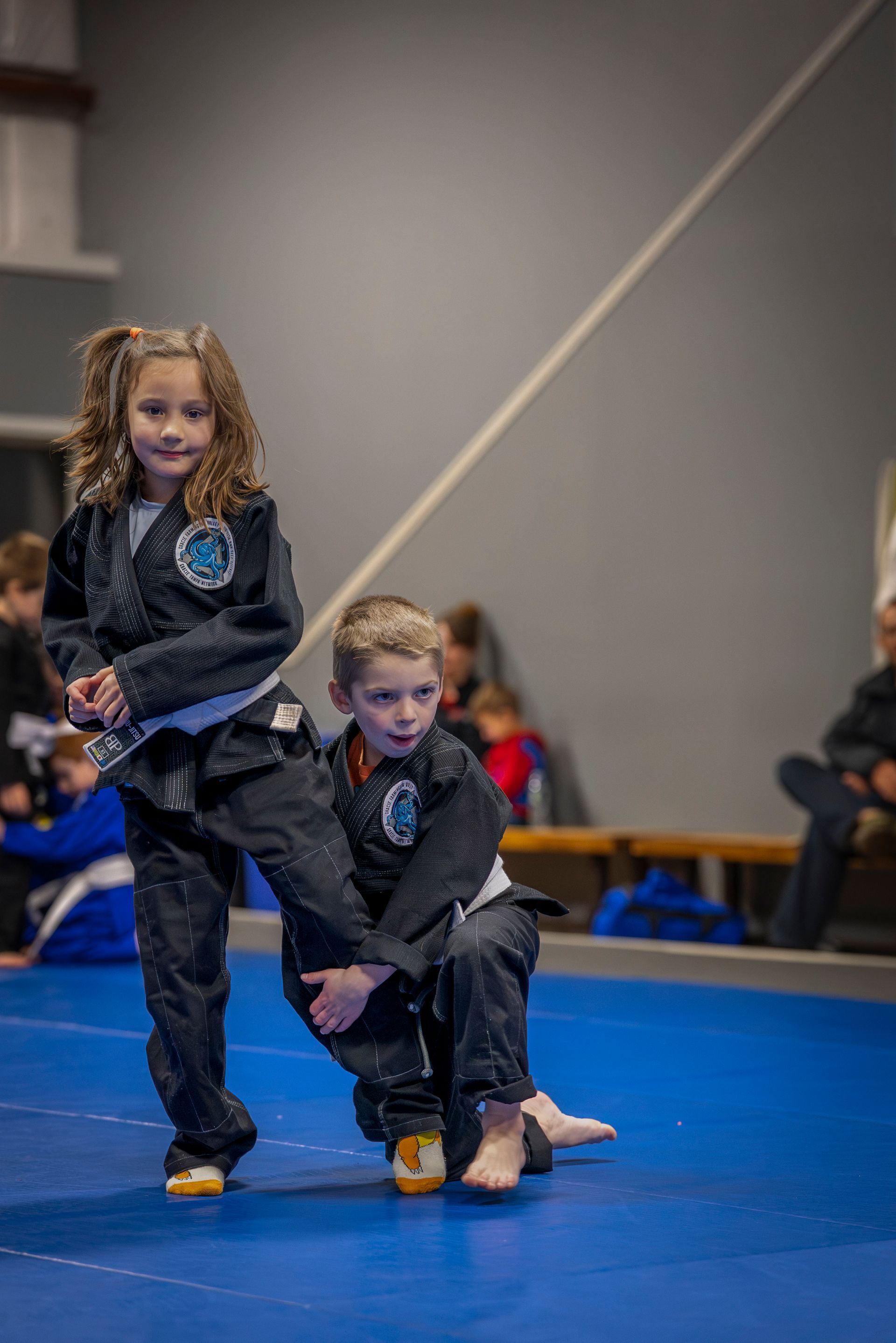 Kids practicing controlled grappling drills at Gracie Jiu-Jitsu Farmington Valley near Canton, CT.