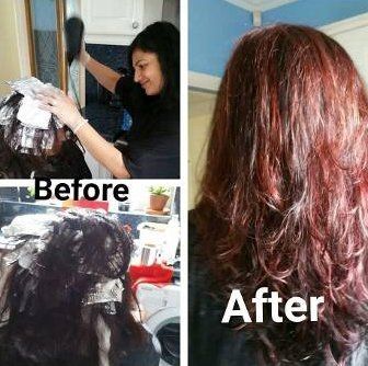 Before and after hair colouring and washing