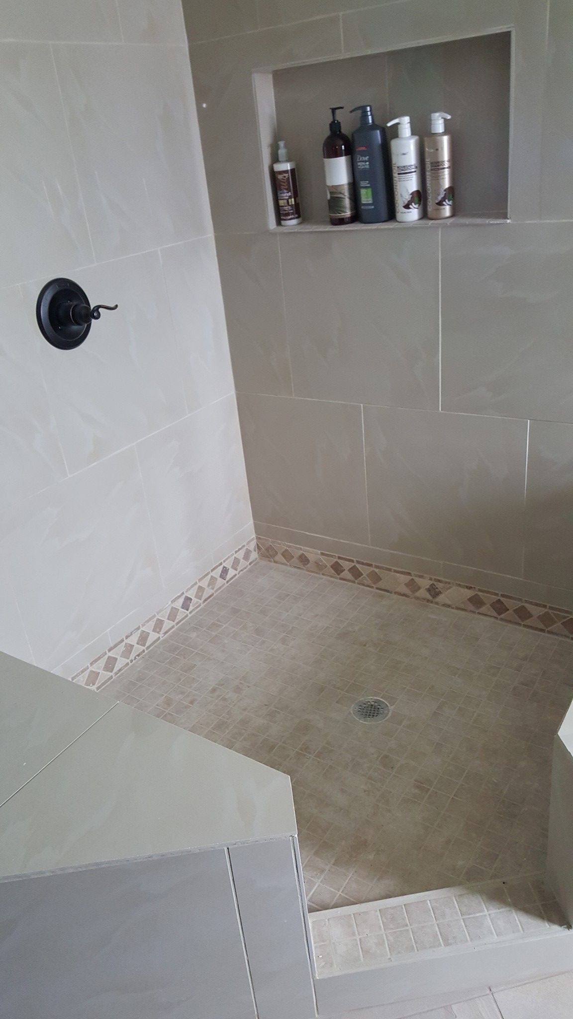 A bathroom with a walk in shower and a shelf with shampoo bottles on it.