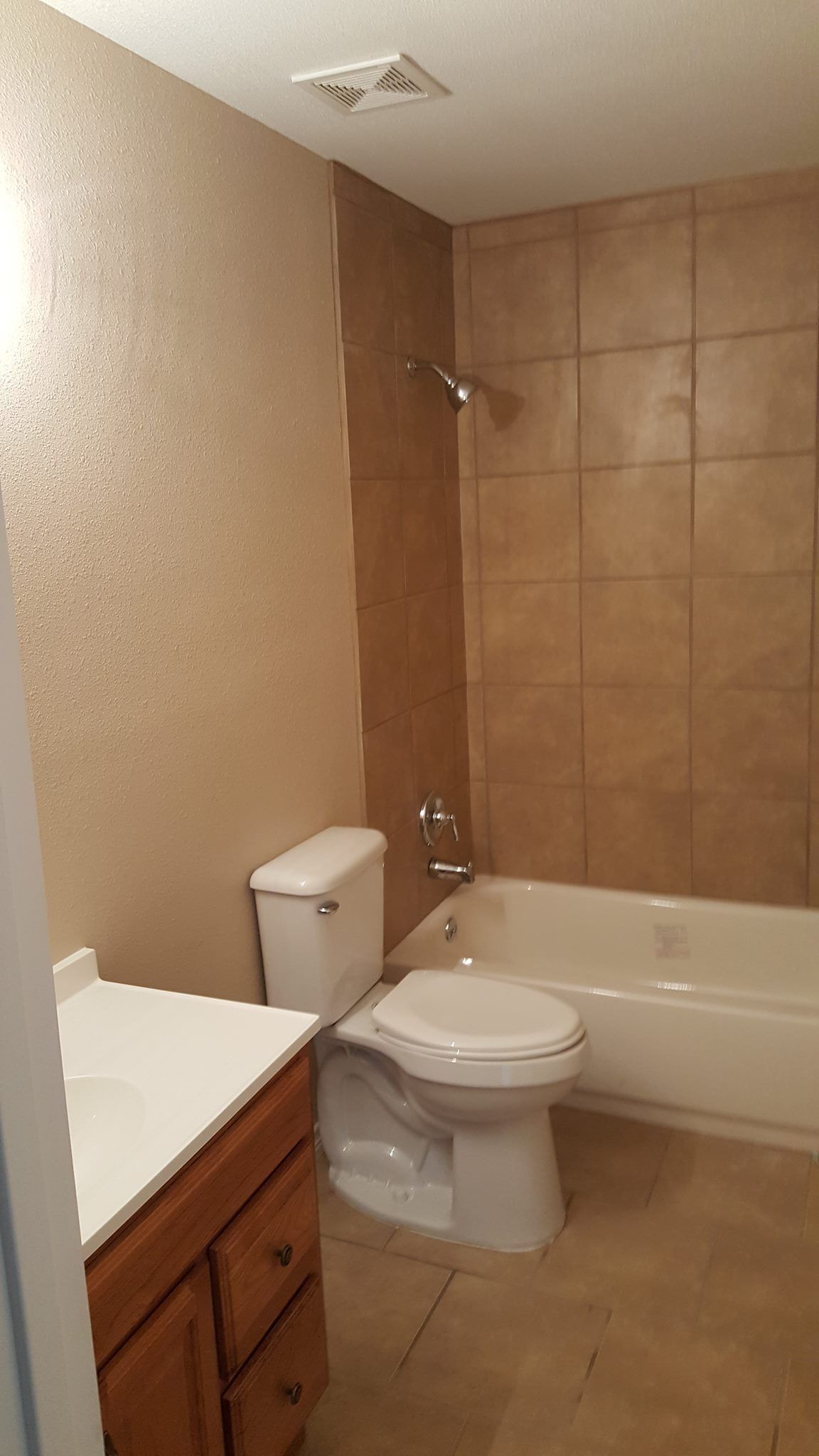 A bathroom with a toilet , sink , bathtub and shower.