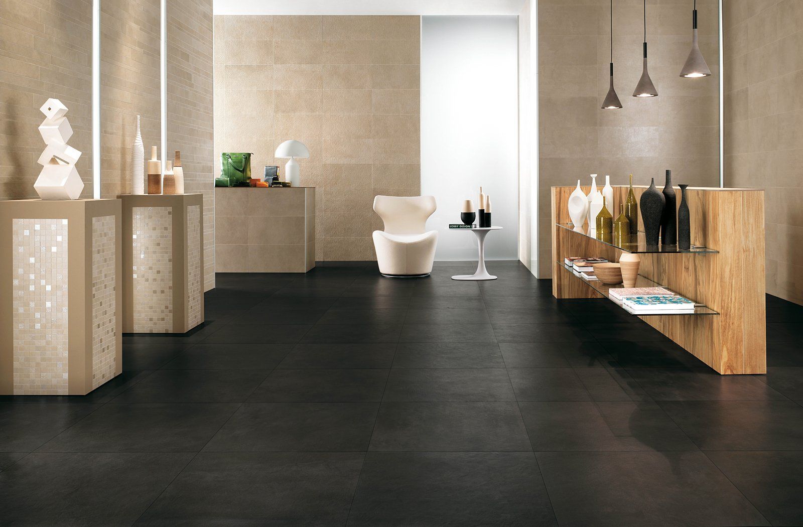 A living room with a black floor and a white chair