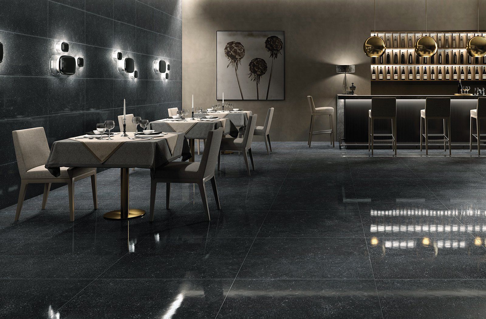 A restaurant with tables and chairs and a bar