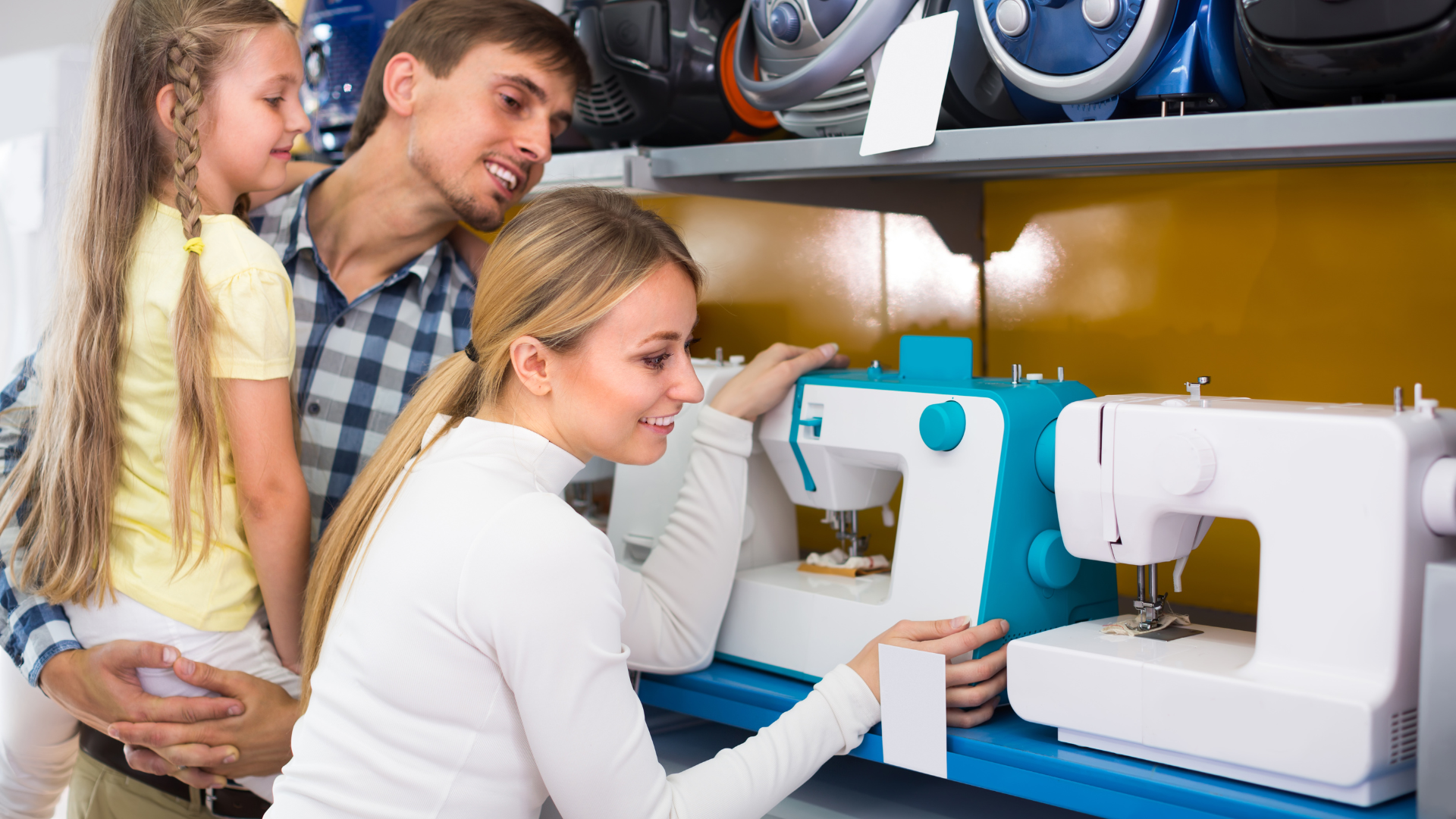 A white Pfaff hobby lock 4870 serger sewing machine with pink fabric, close up.