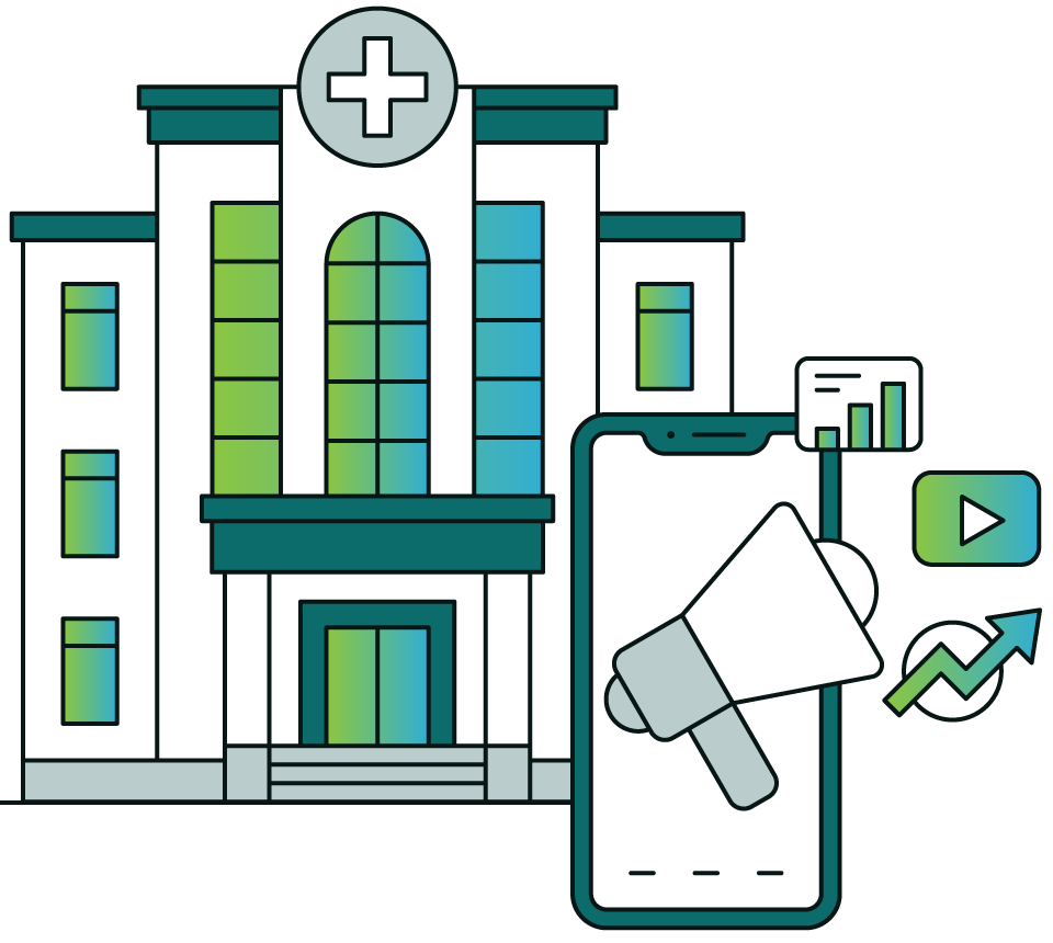 An illustration of a hospital building with a megaphone and a cell phone.