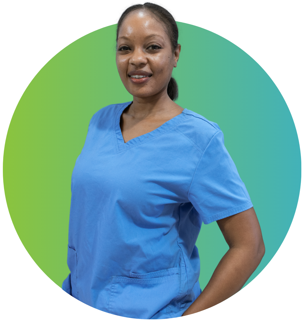 A woman in a blue scrub top is standing in a green circle.