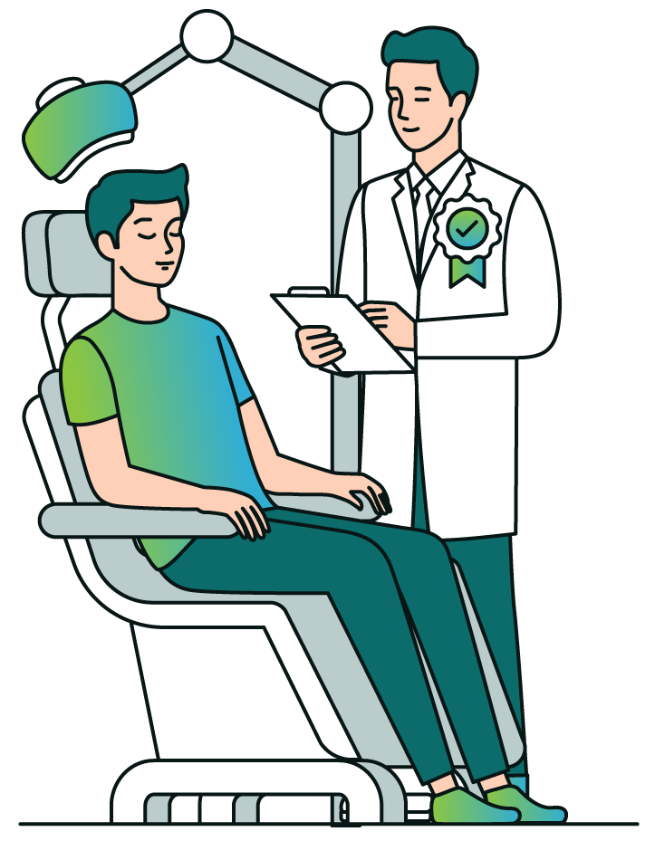 A doctor is talking to a patient in a dental chair.