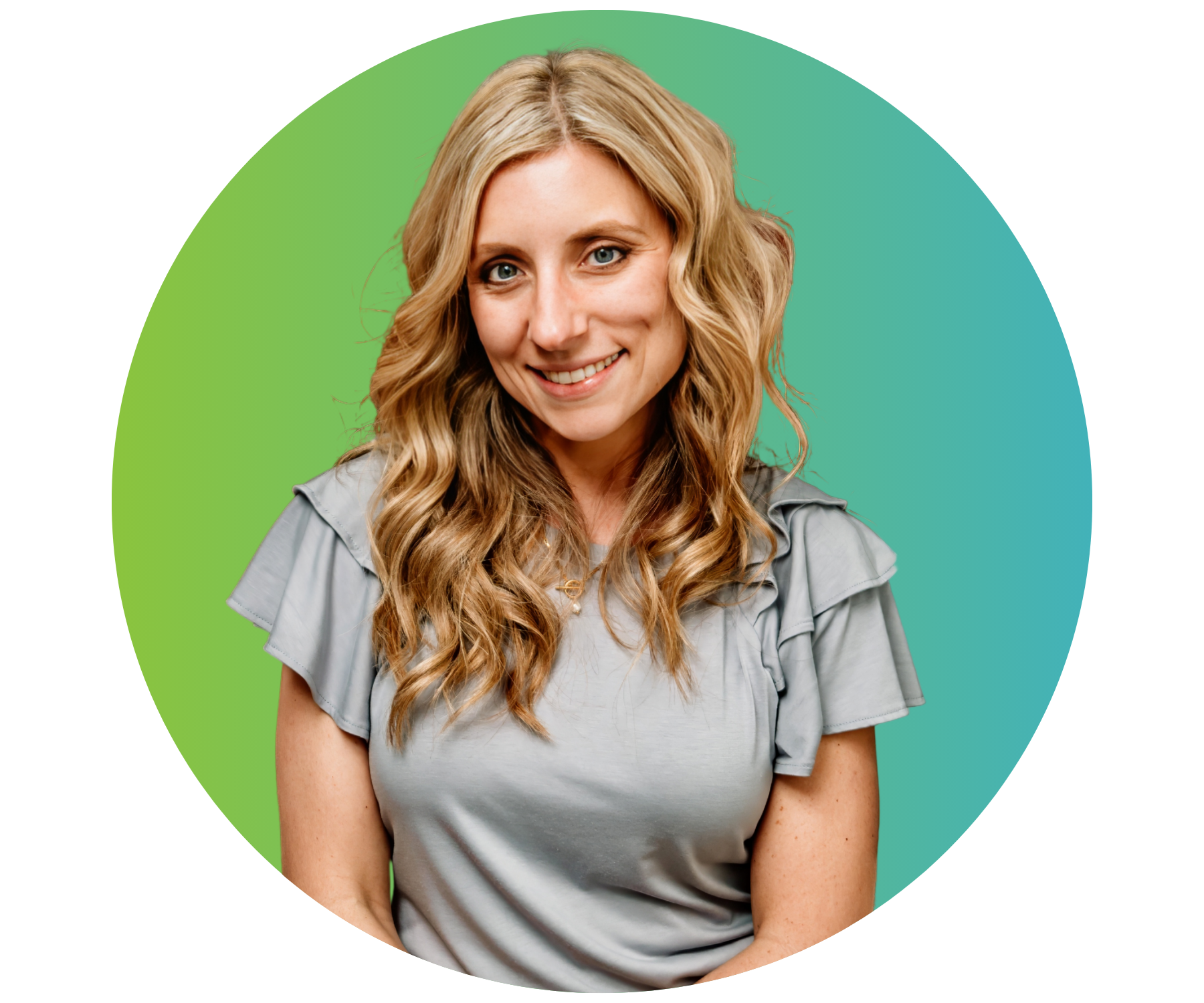 A woman is smiling in a circle with a green and blue background.