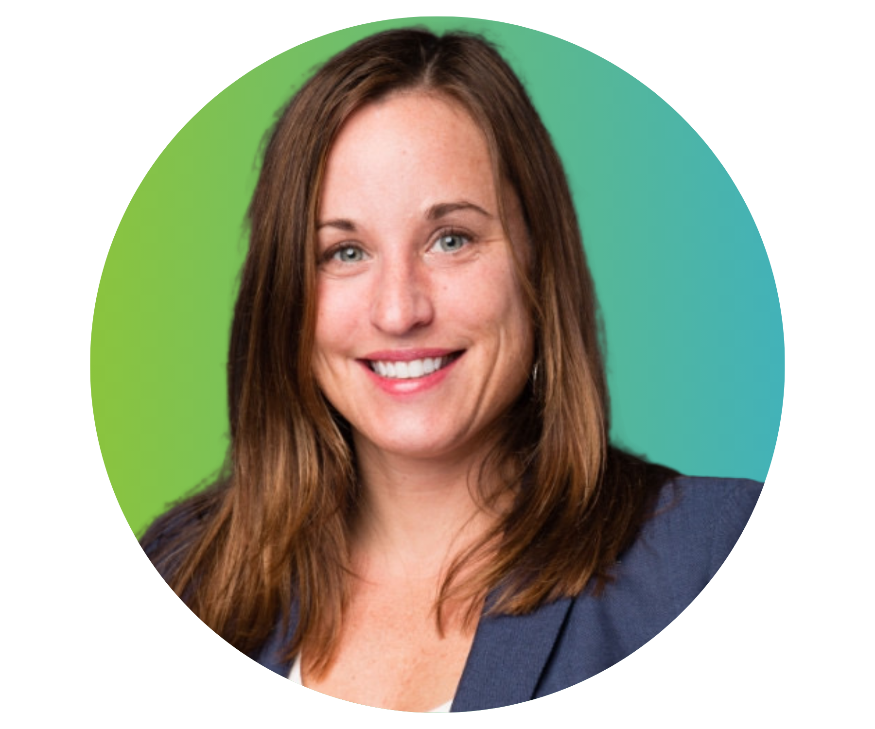 A woman is smiling in a circle with a green and blue background.