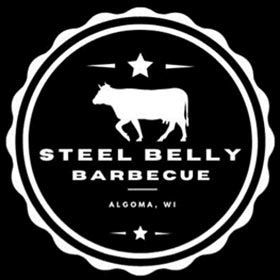 A logo for steel belly barbecue in algoma , wi