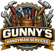 Logo for Gunny's Handyman Services: A tool belt filled with tools; text reads "Gunny's Handyman Services" in front of a gear.